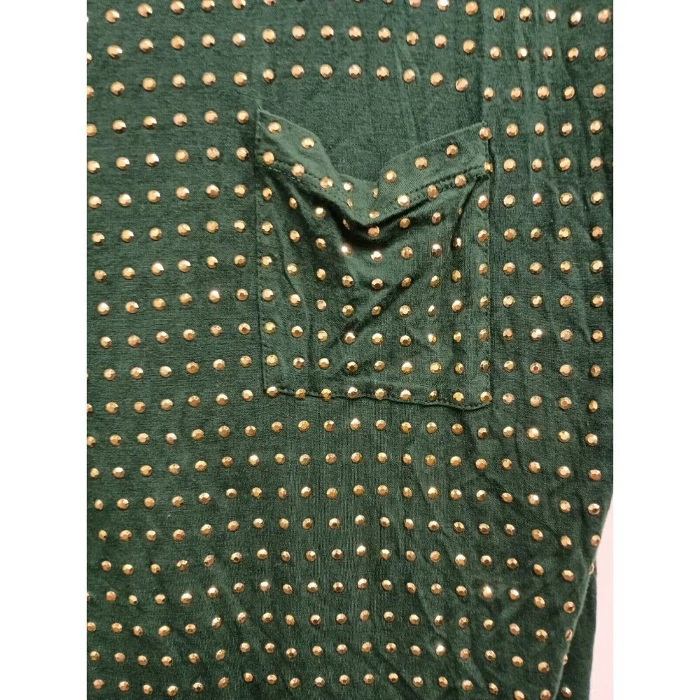 Michael Michael Kors Womens Top Large Green Gold Studded Short Sleeve Pocket Tee